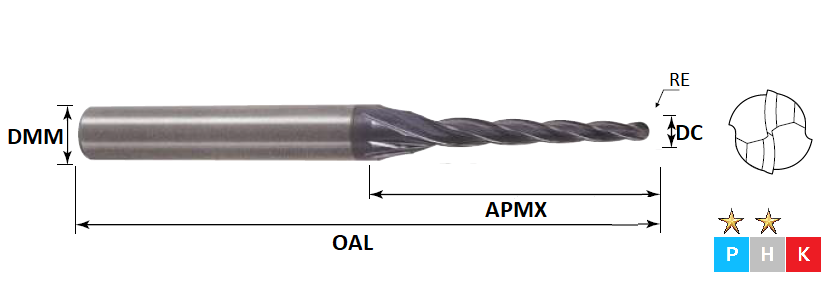 2.0mm 4 Flute (2 Taper Angle & 12mm Cut) Ball Nose Taper Rib Processing Pulsar Carbide End Mill